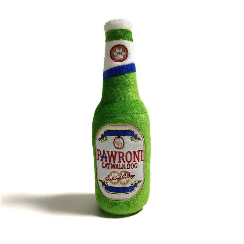 Soft plush toy modelled after a Peroni bottle, titled Pawroni