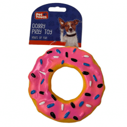 PVC doughnut dog toy with pink icing and sprinkles